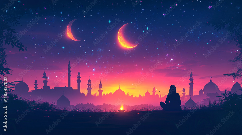Fototapeta premium Celebrating the beauty of Ramadan during twilight with a peaceful silhouette