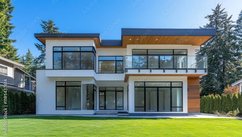 Modern white house with large windows and backyard. Modern white house with large windows and backyard.