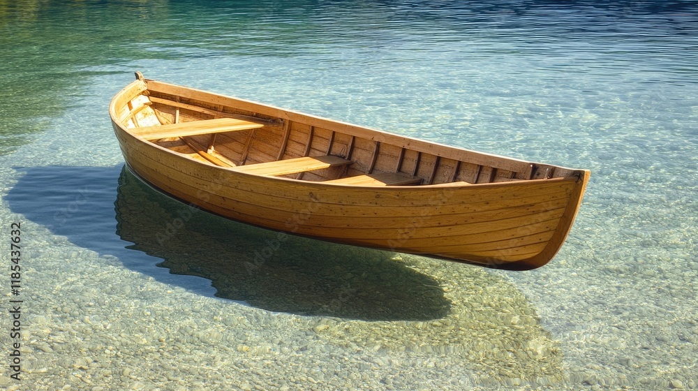 A small wooden boat casting shadows on the clear ocean surface. A small wooden boat casting shadows on the clear ocean surface.