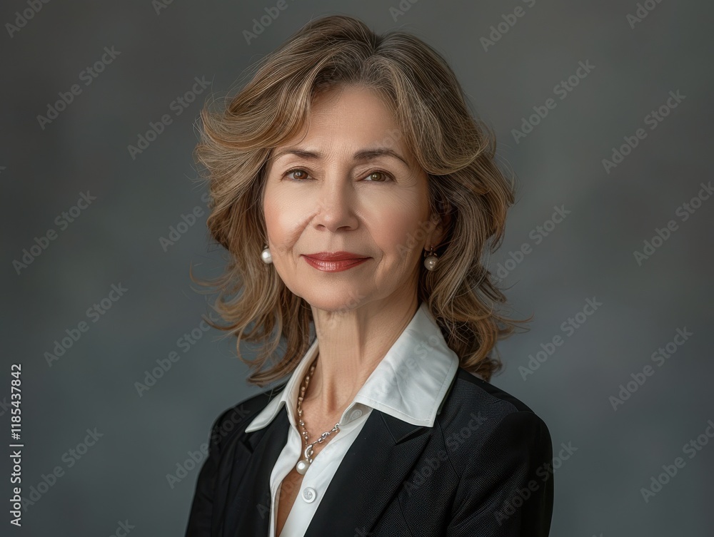 Professional woman, wearing black suit and white shirt, delicate jewelry, smiling and focused standing on dark grey background. Postmodern art style, soft light, suitable for business. Professional woman, wearing black suit and white shirt, delicate jewelry, smiling and focused standing on dark grey background. Postmodern art style, soft light, suitable for business.