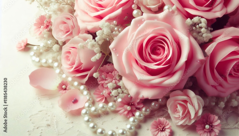 Fototapeta premium sweet pink rose flowers with pearls for love romance valentine wedding background