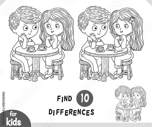 Cute cartoon girl and boy on a date in a cafe. Find differences black and white educational game