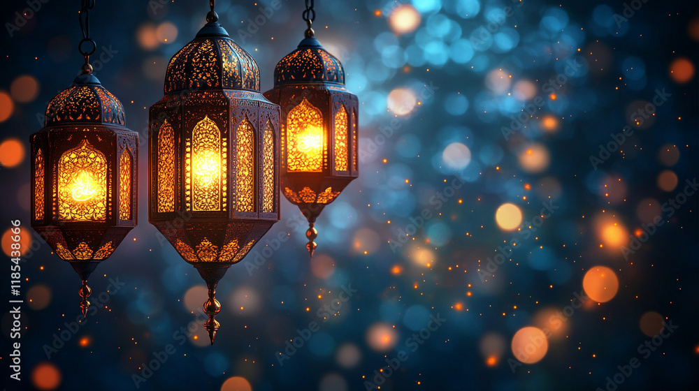 Beautiful ornate lanterns illuminating the night during Ramadan celebrations in a festive atmosphere Beautiful ornate lanterns illuminating the night during Ramadan celebrations in a festive atmosphere