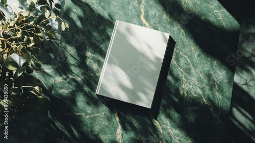 Blank book mockup on green marble surface with plant shadow.