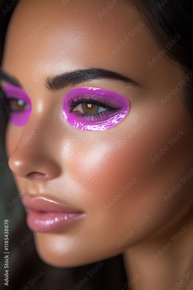 Naklejka premium Bold beauty portrait of a woman with vibrant purple eyeshadow and shimmering details, highlighting creative makeup artistry, confidence, and contemporary cosmetic trends