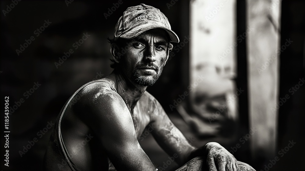 Obraz premium A Black and White Portrait of a Weathered Worker