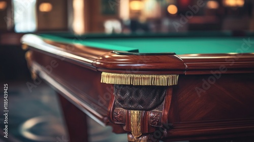 A snooker table viewed from the side, highlighting the rich wooden rails.