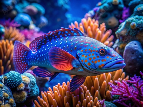 Surreal Underwater Scene: Blue-spotted Rockcod amidst Vibrant Coral, Akajima, Japan photo