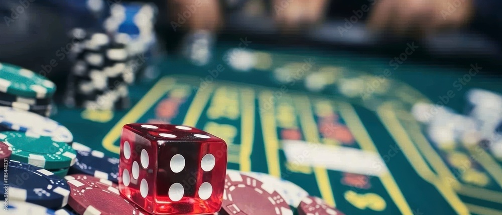 Fototapeta premium Thrilling Casino Game Red Dice Roll Poker Chips Gambling