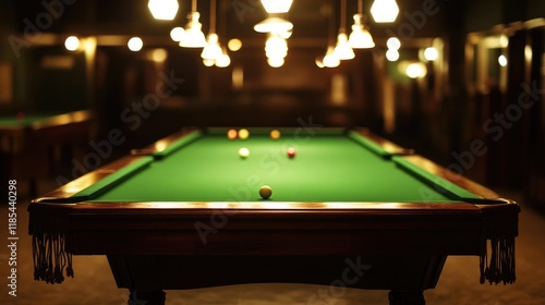 A snooker table with reflections of bright lighting and sharp detailing.
