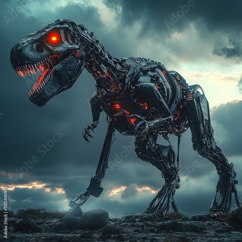 Fototapeta Naklejka Na Ścianę i Meble -  Robotic T-Rex dinosaur in dark stormy sky.