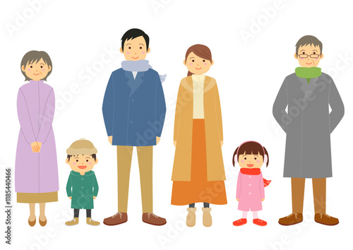 正面を向いた冬服の家族のイラストのセット
