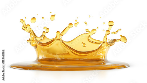 Abstract crown shaped splash of golden liquid. Isolated on white. photo