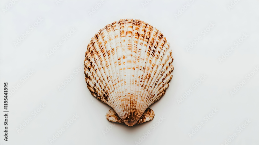 Seashell on white background, studio shot, minimal design, summer vacation imagery Seashell on white background, studio shot, minimal design, summer vacation imagery