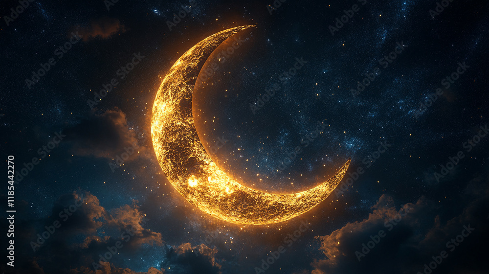 Glowing crescent moon illuminating the night sky during Ramadan reflections Glowing crescent moon illuminating the night sky during Ramadan reflections