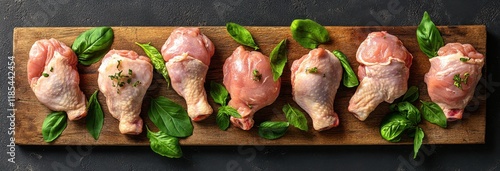 Fresh Raw Chicken Drumsticks on a Wooden Board Surrounded by Green Basil Leaves, Ideal for Culinary and Food Preparation Themes in Photography photo