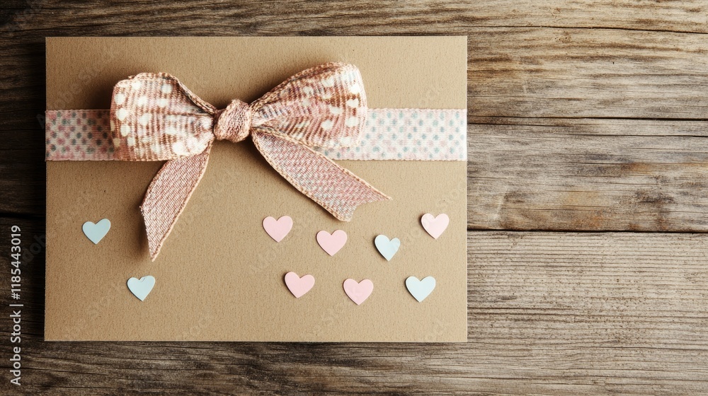 Blank kraft card adorned with tiny hand-punched heart cutouts and a decorative ribbon, set on a wooden background. Blank kraft card adorned with tiny hand-punched heart cutouts and a decorative ribbon, set on a wooden background.