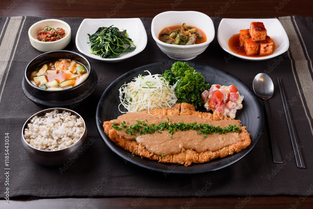 Pork cutlet and salad and parsley are placed on a black plate, and rice, soybean paste stew, vegetables, and kimchi are on the side.