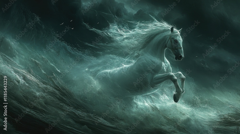 Fototapeta premium A stormy background with a white horse galloping powerfully.