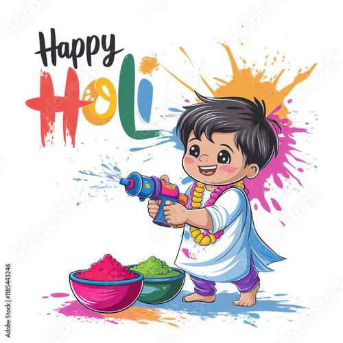 Happy holi, Joyful boy celebrates Holi with colors, water gun, and smile.