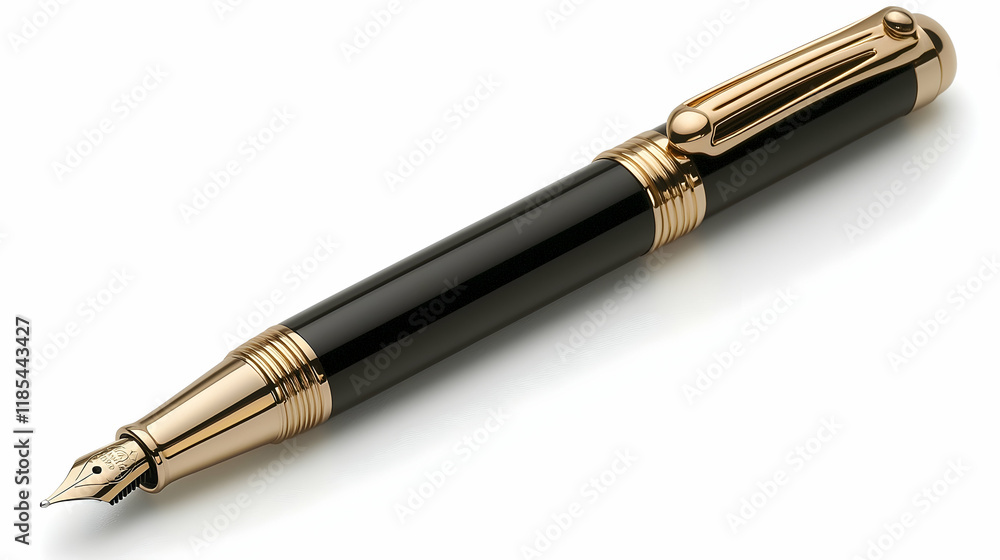 Black fountain pen with gold accents on white background. Black fountain pen with gold accents on white background.