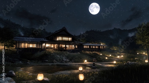 A stunning night view of a Japanese home illuminated with lanterns.