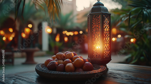 Lantern illuminating a plate of dates during Ramadan evening gathering at outdoor setting photo