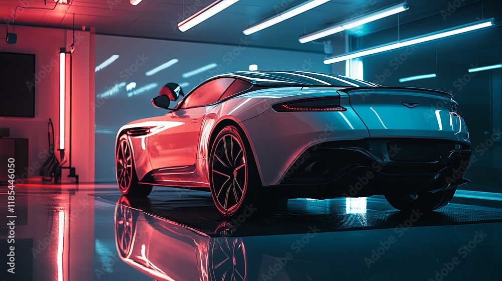 Fototapeta premium Sleek White Sports Car in Neon-Lit Garage: A Modern Automotive Aesthetic