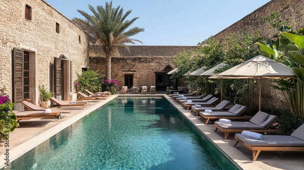 Fototapeta premium A swimming pool with sun loungers neatly arranged on its deck.