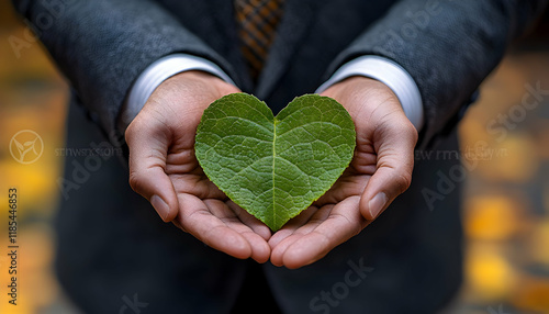 Businessman's hands holding heart-shaped leaf