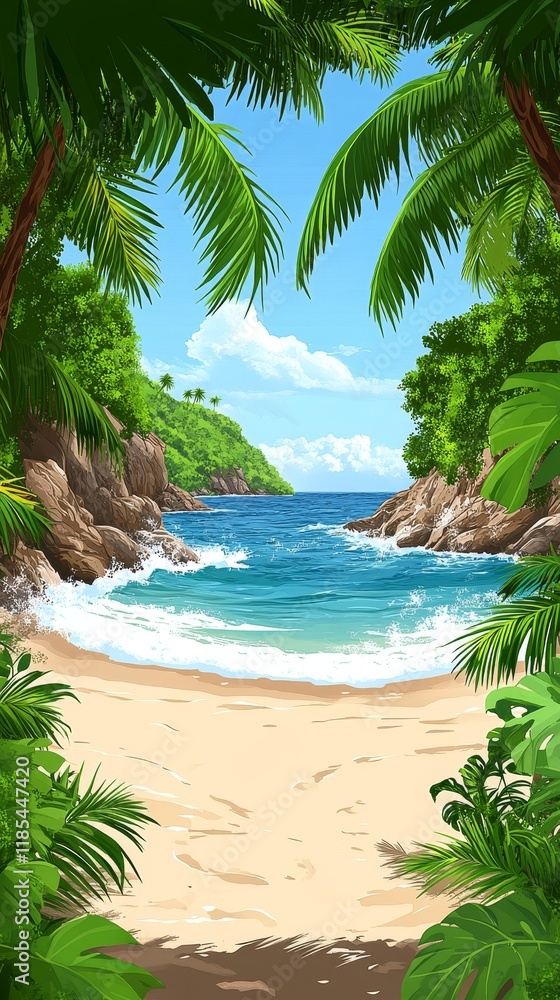 Fototapeta premium Secluded Tropical Cove A glimpse of pristine beach through lush foliage