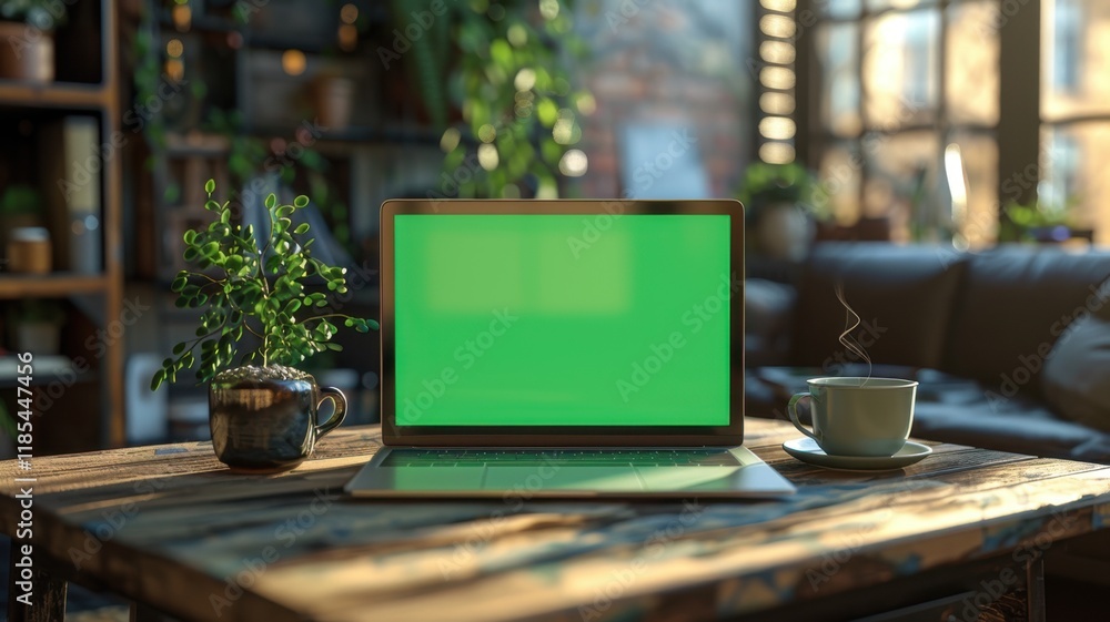 Laptop with green screen and coffee cup on wooden table in coffee shop Laptop with green screen and coffee cup on wooden table in coffee shop