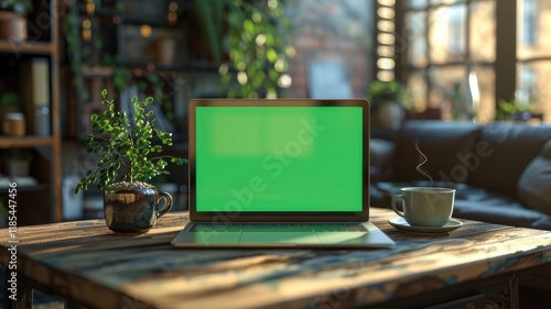 Wallpaper Mural Laptop with green screen and coffee cup on wooden table in coffee shop Torontodigital.ca