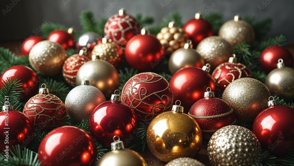 Shiny gold and red Christmas baubles, festive tree ornaments for holiday celebration Shiny gold and red Christmas baubles, festive tree ornaments for holiday celebration