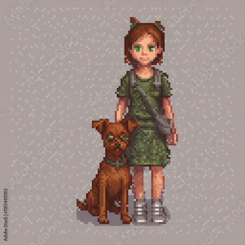 Pixel art girl and her loyal dog in a retro style.