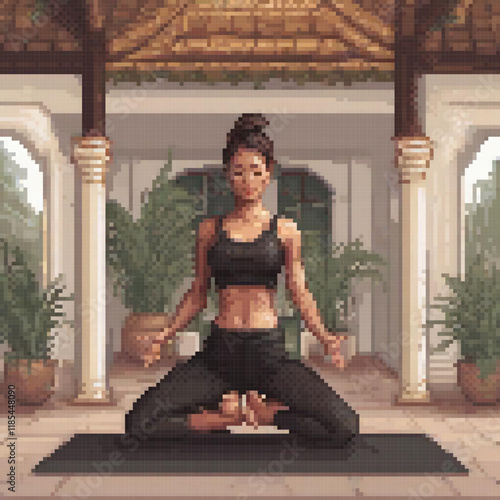Yoga mat with a serene woman in a pose, pixel art style.
