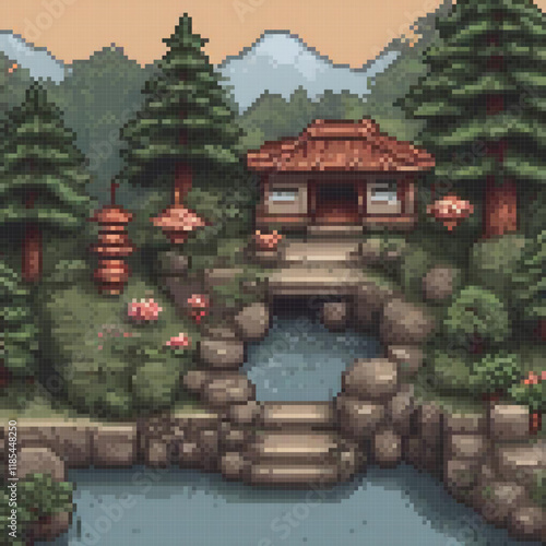 Pixel art of a quaint house by a serene pond, nestled among lush trees.