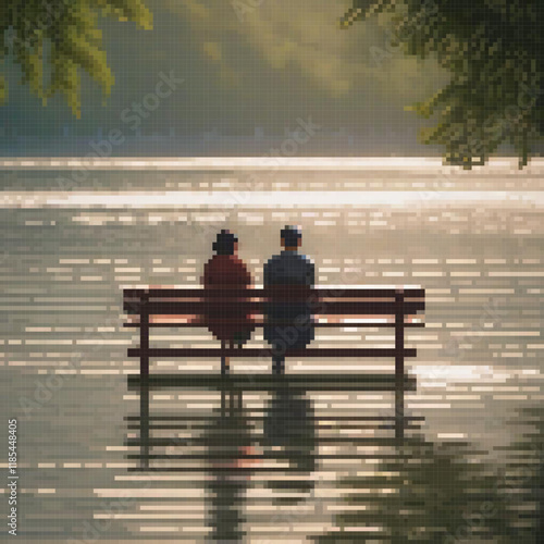 Pixel art depicting a serene moment: a couple enjoying a view by a lake.