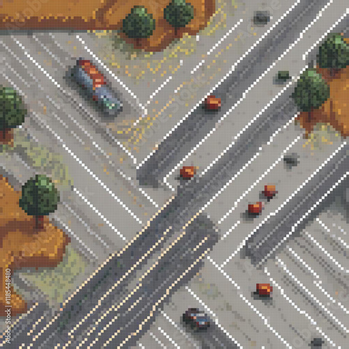 Pixel art city skyline with bustling streets and vehicles