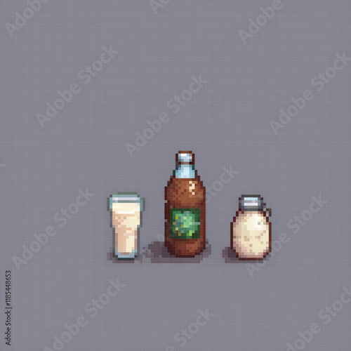 Pixel art of breakfast essentials: milk, honey, and coffee