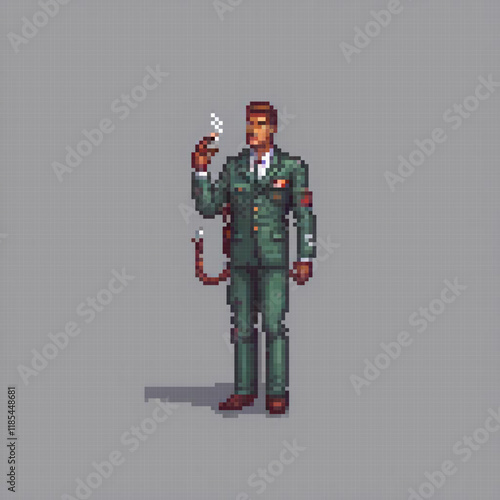 Military man with a cigarette in pixel art style.