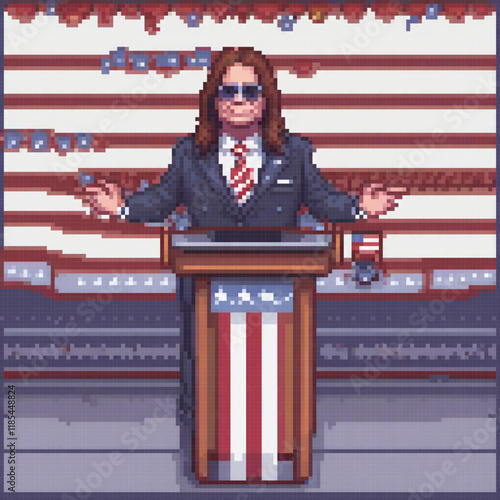 A man in a suit and tie addresses an audience at a podium, with an American flag in the background.
