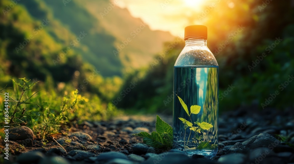 Nature-inspired water bottle in scenic background. Nature-inspired water bottle in scenic background.