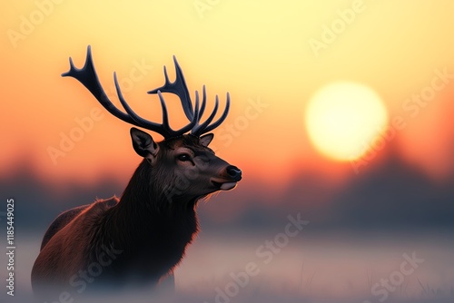 A majestic stag stands silhouetted against a vibrant sunset, showcasing its impressive antlers and serene nature. photo