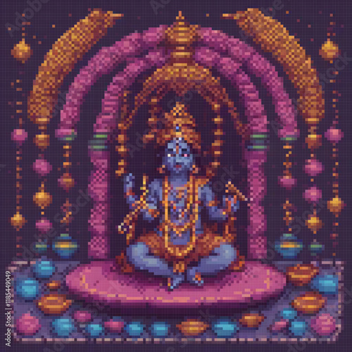 Lord Krishna in regal pose, cross stitch pattern on a throne.