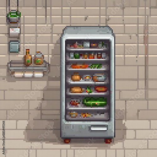 Pixel art of a bountiful refrigerator next to a wall.