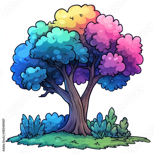 Whimsical Rainbow Tree: A vibrant digital painting of a fantastical tree with colorful leaves and branches, perfect for fantasy illustrations and vibrant nature designs. photo