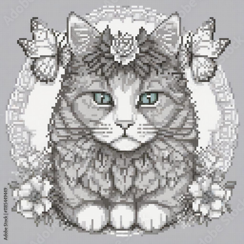 Pixel art cross stitch cat with flower