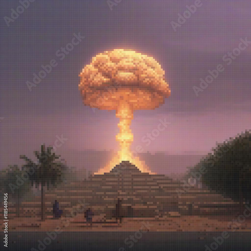 Pixel art depicting a massive mushroom cloud looming over a pyramid structure.