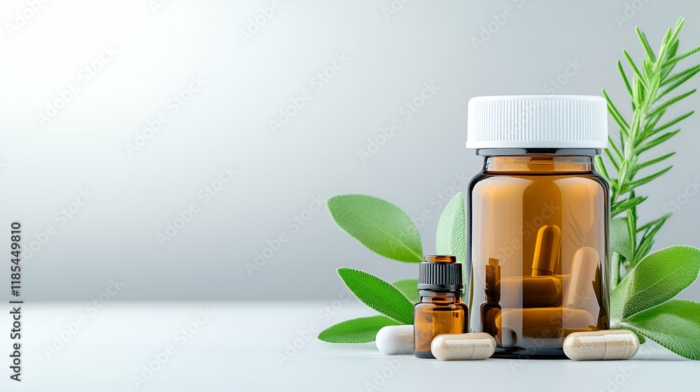 A bottle with green leaves and pills for health and medicine A bottle with green leaves and pills for health and medicine